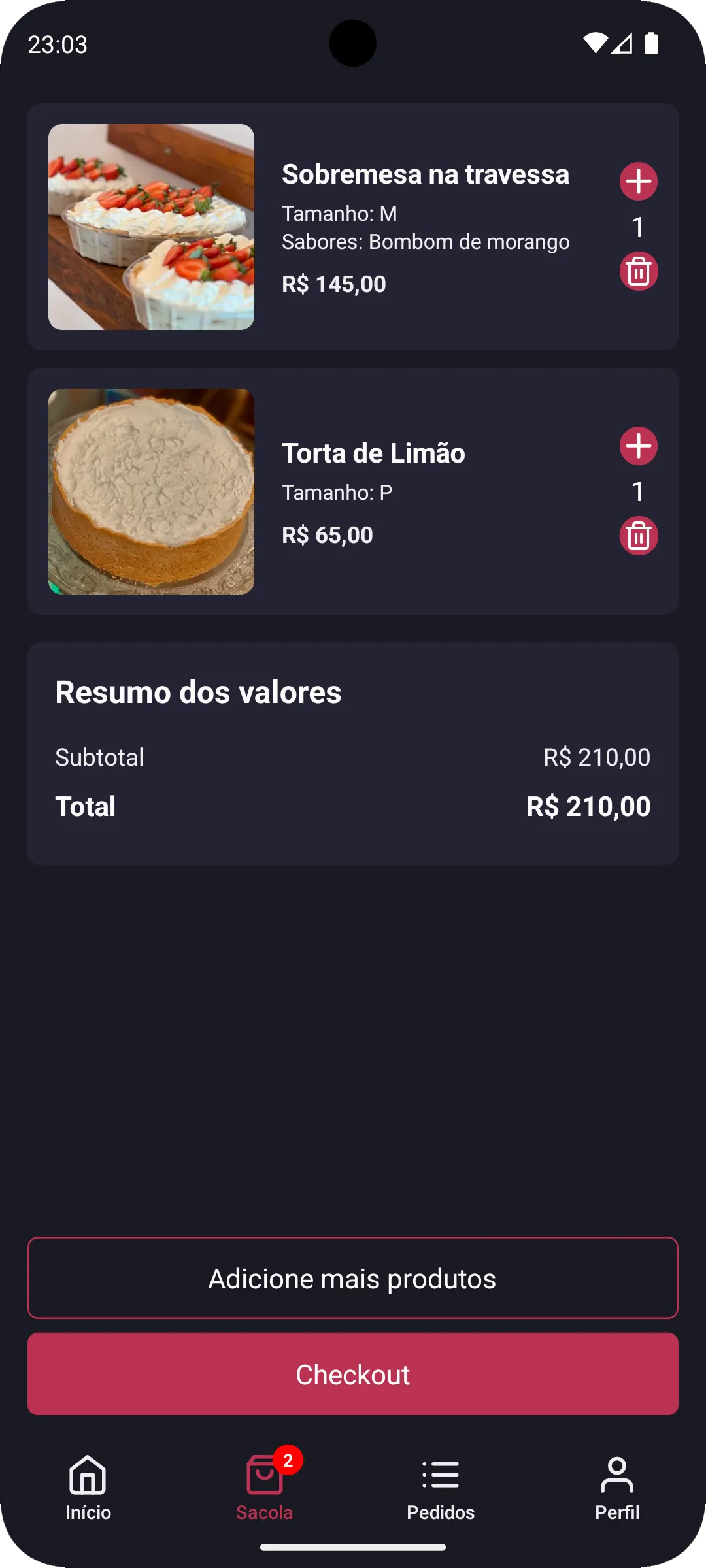 Tela do carrinho no app